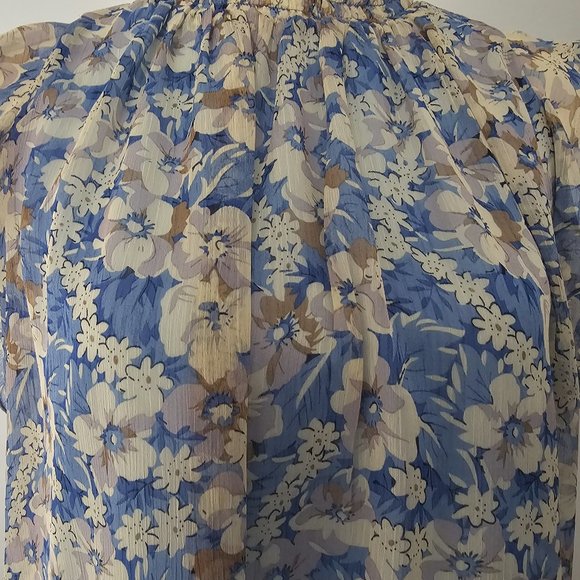 MELLODAY blue BLOUSE top FLORAL lined SMOCKED ruffles BLOUSE - Picture 3 of 12